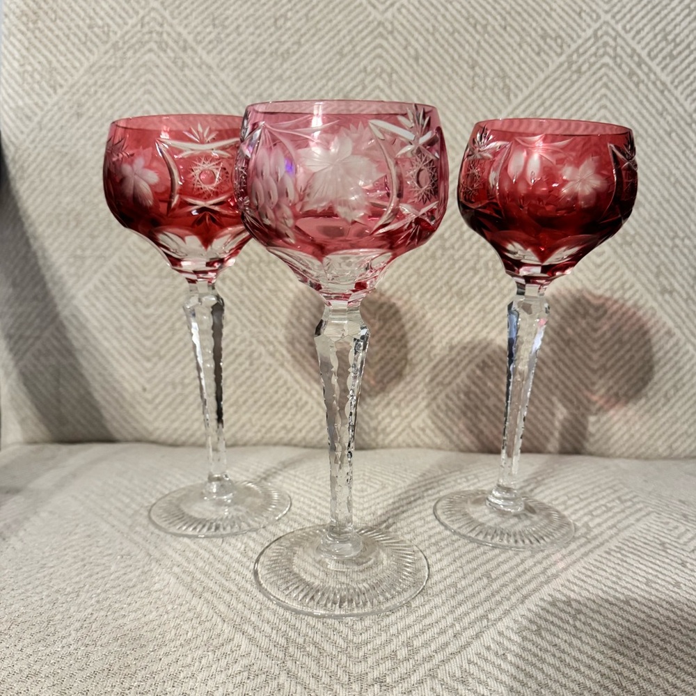 3 Nachtmann Traube Crystal Ruby Red cut-to-clear hock wine glasses